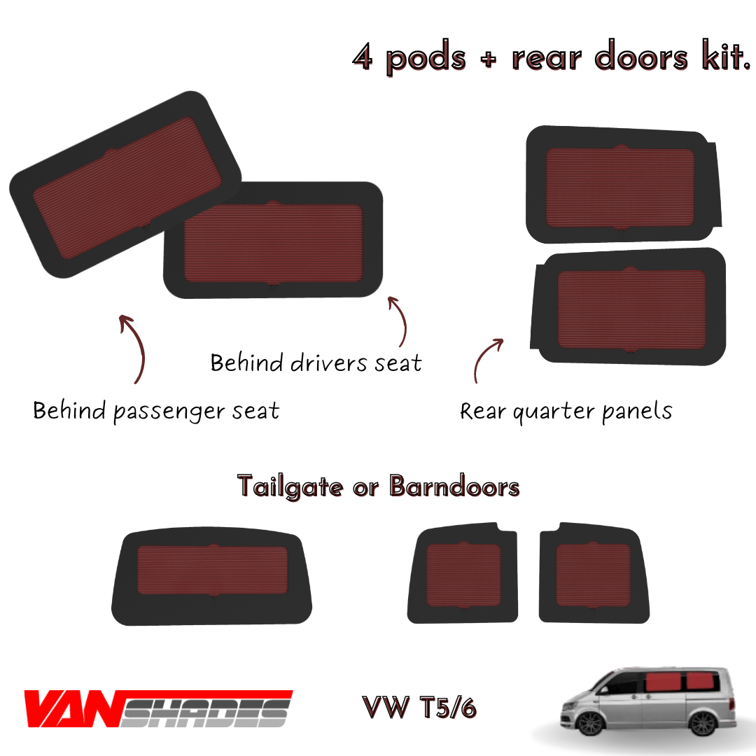 VW T5/6 - Vanshades - 4 Window Pods® + Rear Door Kit – Seaside Campers