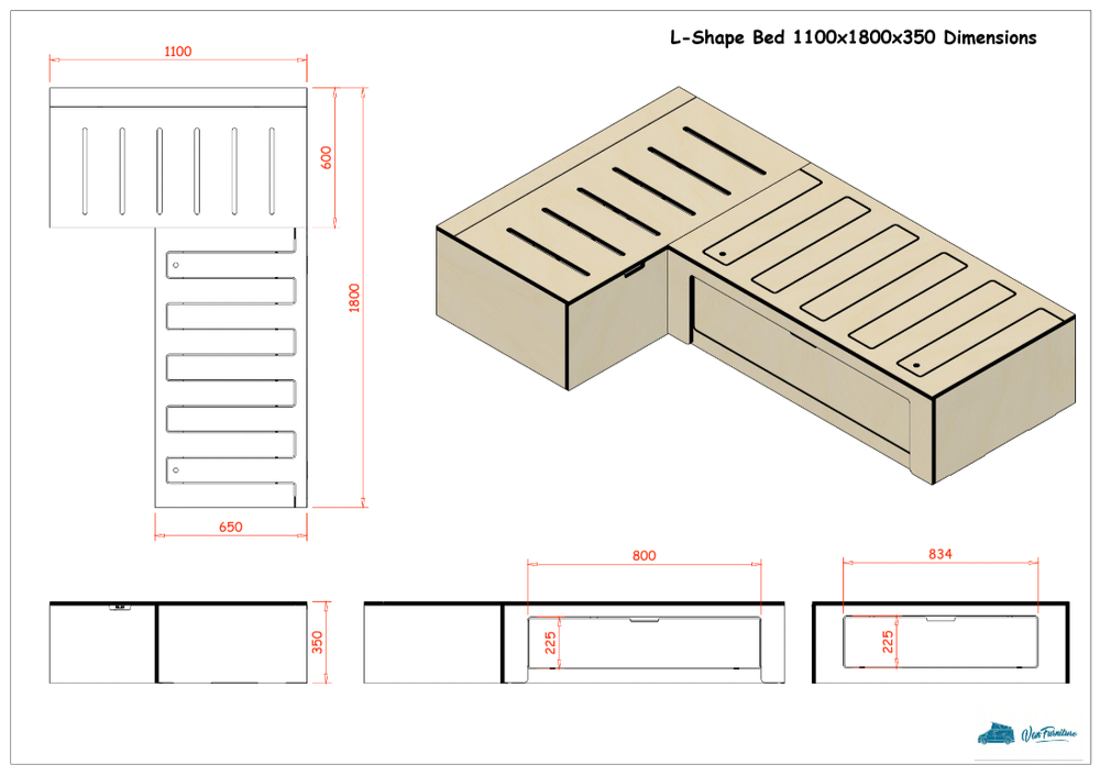 Low Height Laminated L Shaped Universal Bed