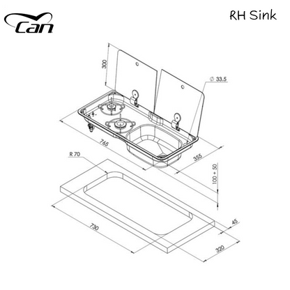 CAN Randi Hob & Sink Unit 765 x 355mm (Double Glass Lid / 2 Burners / Piezo)