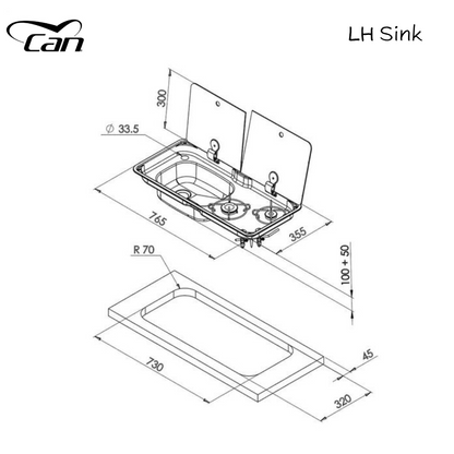 CAN Randi Hob & Sink Unit 765 x 355mm (Double Glass Lid / 2 Burners / Piezo)