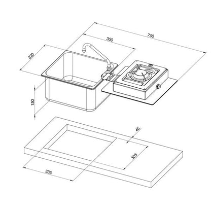 CAN Foldy Hob & Sink Unit with Glass Lid (1 Burner / Manual Ignition)