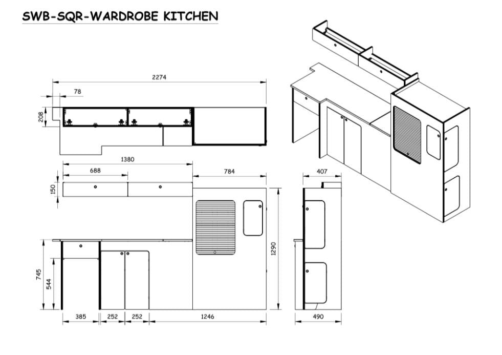 Square Backed Universal Campervan Kitchen Interior Unit Seaside Campers   DIMENS 